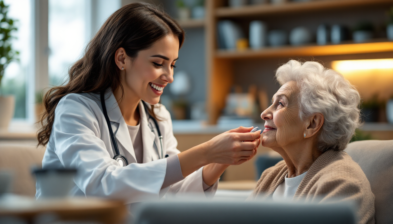 Audiologista atendendo paciente com cuidado e profissionalismo